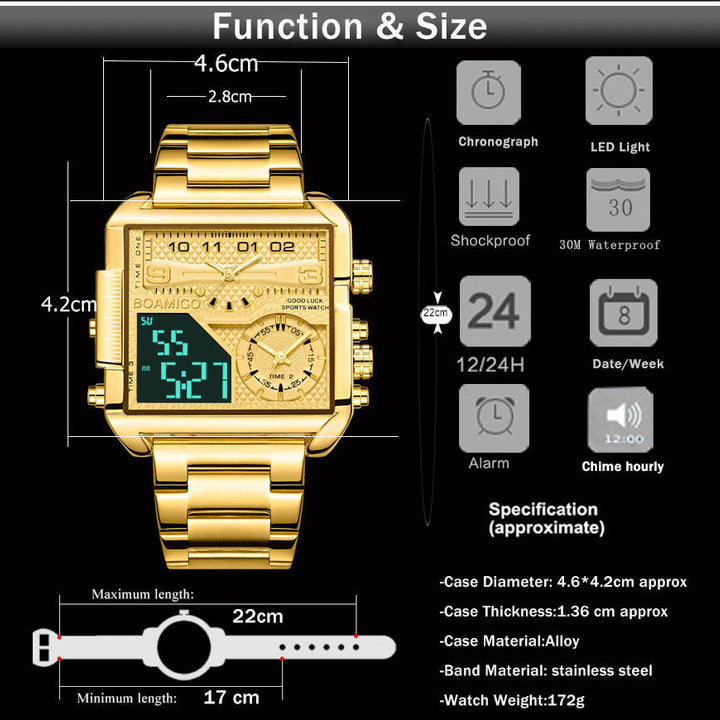 BOAMIGO New Top Brand Luxury Fashion Men Watches Gold Stainless Steel Sport Square Digital Analog Big Quartz Watch for Men