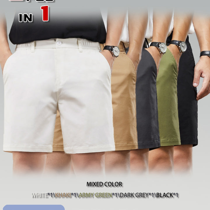 5 Pcs Comfy Solid Color Bermuda Shorts for Men with Elastic Waistband, Breathable Cotton for Golf & Daily Outerwear