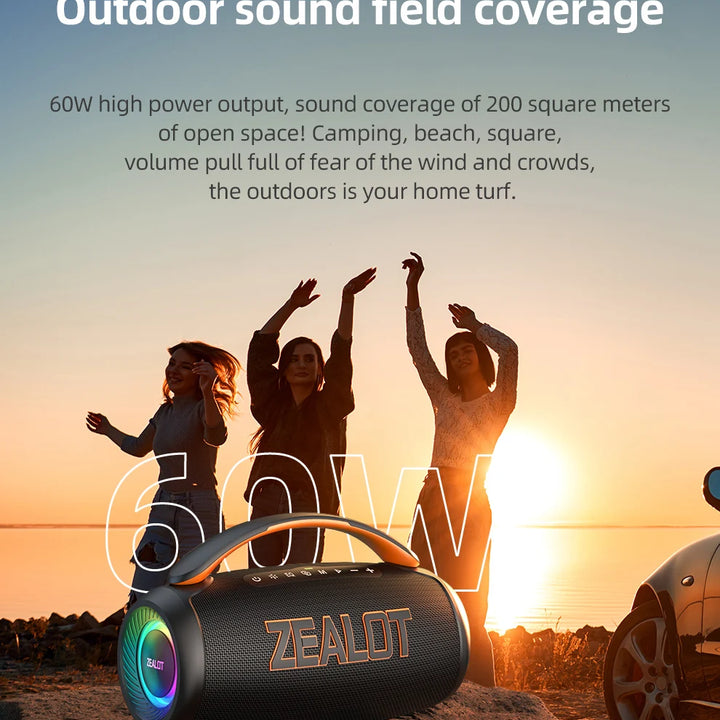 Zealot P12 Speaker 60W Portable Bluetooth Speaker with IPX6 Waterproof, Comfortable handle,Controllable lighting,TWS,AUX