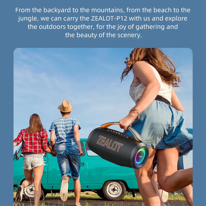 Zealot P12 Speaker 60W Portable Bluetooth Speaker with IPX6 Waterproof, Comfortable handle,Controllable lighting,TWS,AUX