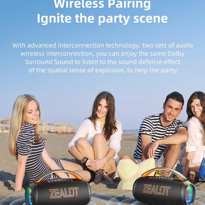 Zealot P12 Speaker 60W Portable Bluetooth Speaker with IPX6 Waterproof, Comfortable handle,Controllable lighting,TWS,AUX