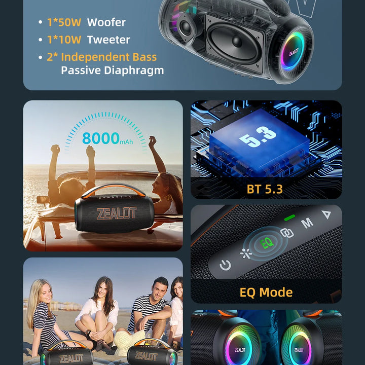 Zealot P12 Speaker 60W Portable Bluetooth Speaker with IPX6 Waterproof, Comfortable handle,Controllable lighting,TWS,AUX