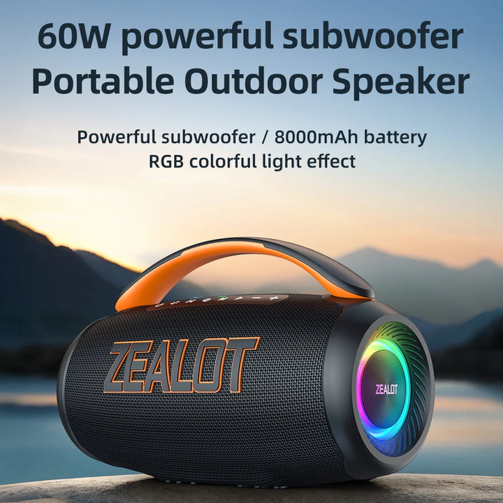 Zealot P12 Speaker 60W Portable Bluetooth Speaker with IPX6 Waterproof, Comfortable handle,Controllable lighting,TWS,AUX