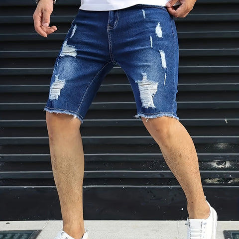 Mens Trendy Ripped Jorts - Chic Cotton Blend Design - Slim Fit Street Style Summer Shorts for Fashion-forward Gents