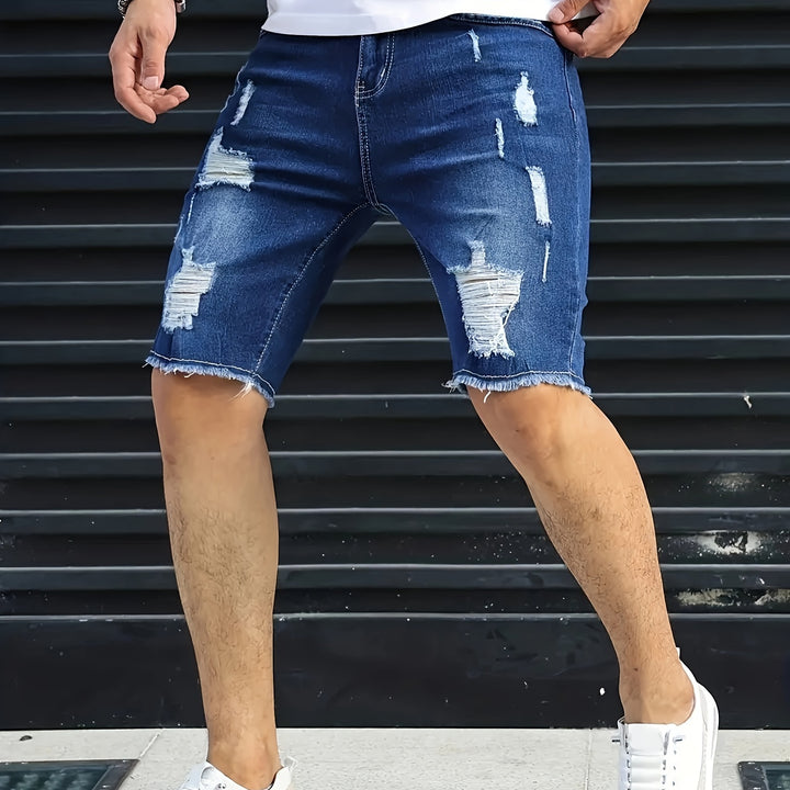 Mens Trendy Ripped Jorts - Chic Cotton Blend Design - Slim Fit Street Style Summer Shorts for Fashion-forward Gents