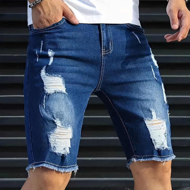 Mens Trendy Ripped Jorts - Chic Cotton Blend Design - Slim Fit Street Style Summer Shorts for Fashion-forward Gents